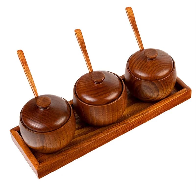 YLS-Set di barattoli per condimenti in legno con vassoio, set di 3 contenitori per spezie Contenitori per vasi con coperchi e cucchiai Scatole per condimenti