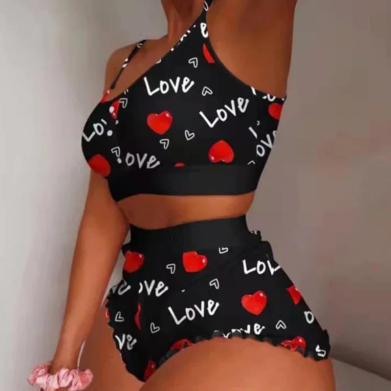 Pigiama estivo da 2 pezzi Set da donna Indumenti da notte Labbra Stampate in pizzo Sling Crop Top e pantaloncini Abbigliamento per la casa Pigiama da casa