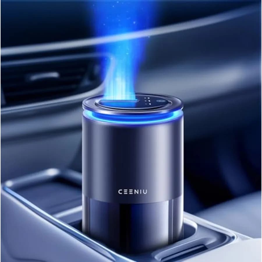Deodorante per auto intelligente per interni veicoli, in plastica ABS nera, con ugello spray allargato e diffusione ultrasonica per una lunga durata.