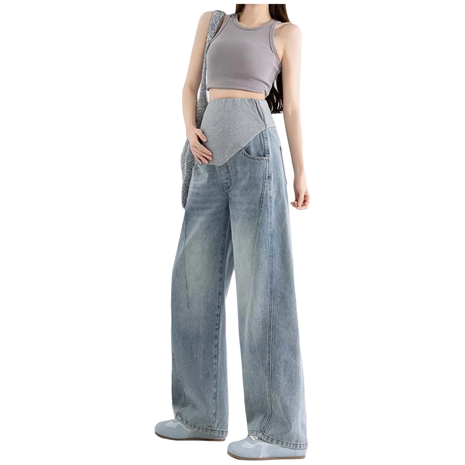 Jeans Premaman Primavera Autunno a Vita Alta, Gamba Larga, in Denim, per Donne in Gravidanza, Ideali per Ufficio, Lavoro, Shopping Quotidiano