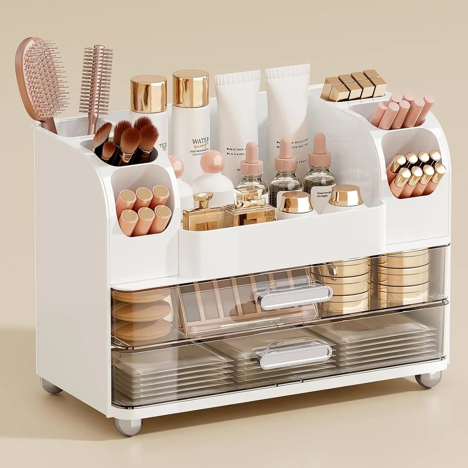 Organizzatore per Trucchi Bianco con 2 Grandi Cassetti, Porta Pennelli per Toeletta e Ripostiglio del Bagno