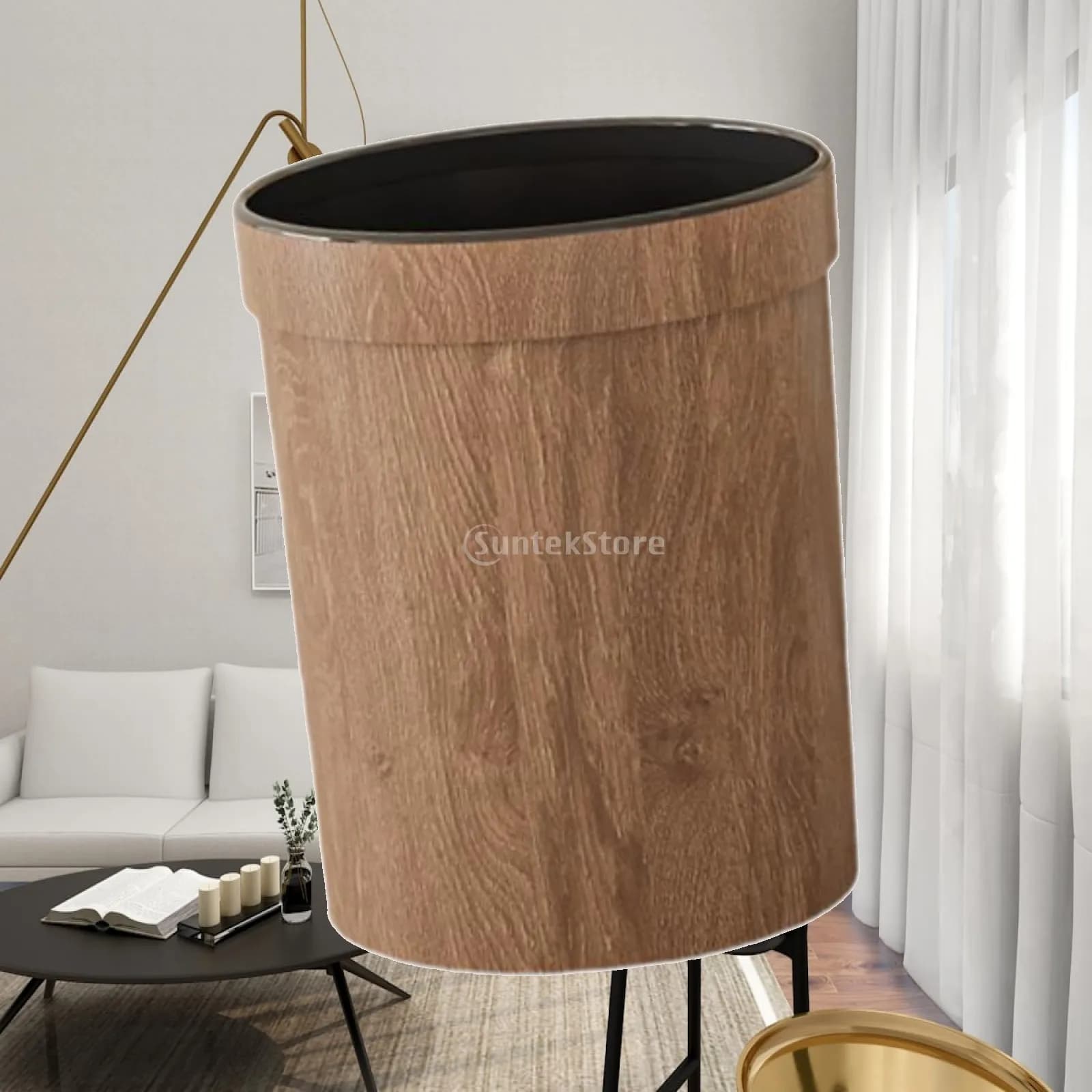 Elegant Wood Grain Bathroom Bin Plastic Waste Container Large Roomy Trash Can for Toilet Kitchen Office