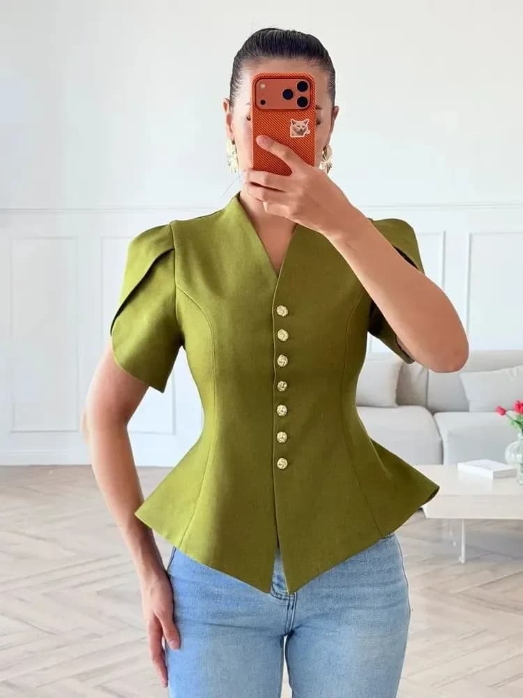 2026 Women Puff Short Sleeve V Neck Peplum Blouse Gold Button Slim Waist Irregular Hem Tops
