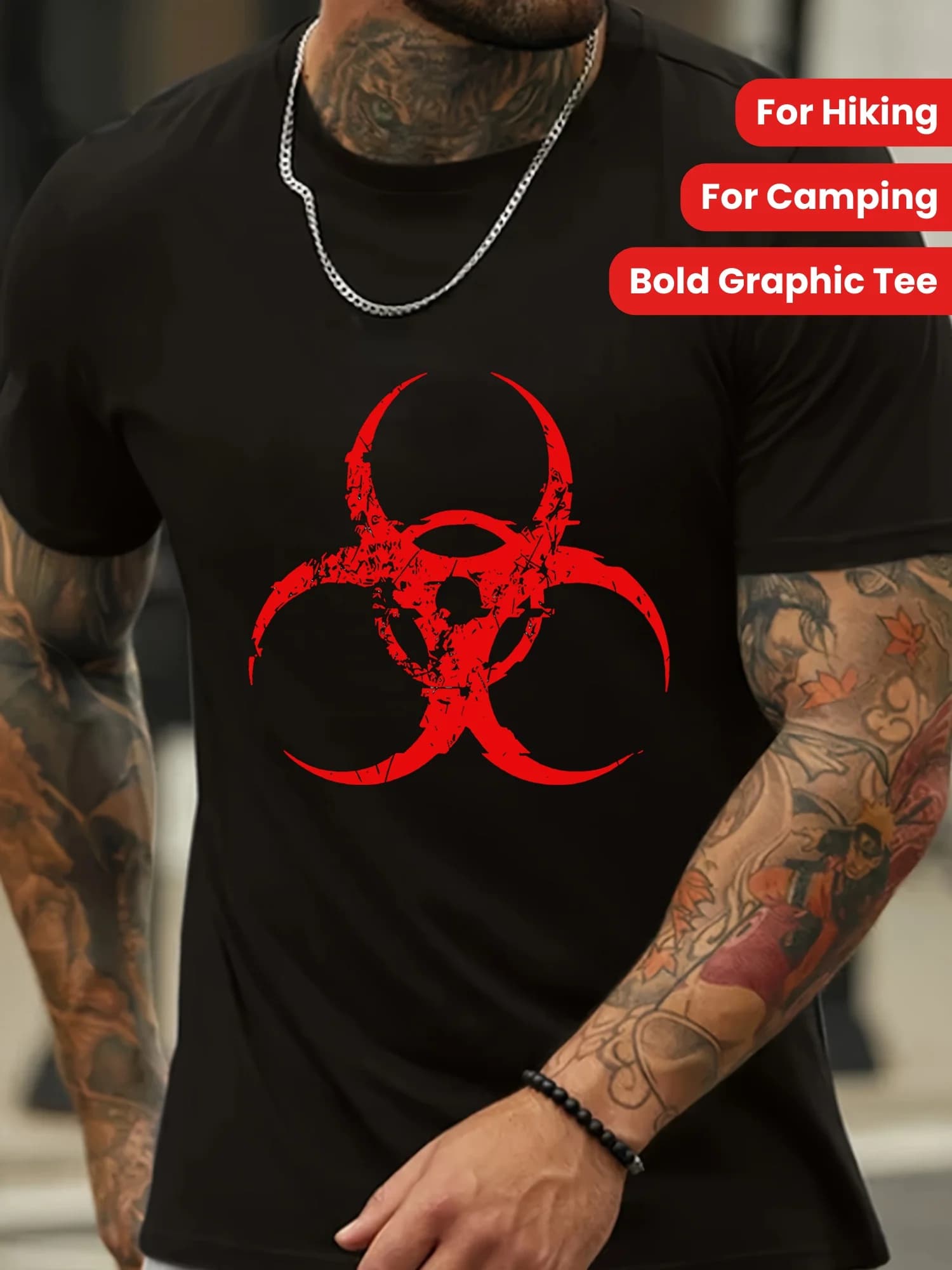 T-shirt da uomo in cotone nero con grafica del simbolo del rischio biologico rosso audace, girocollo, manica corta