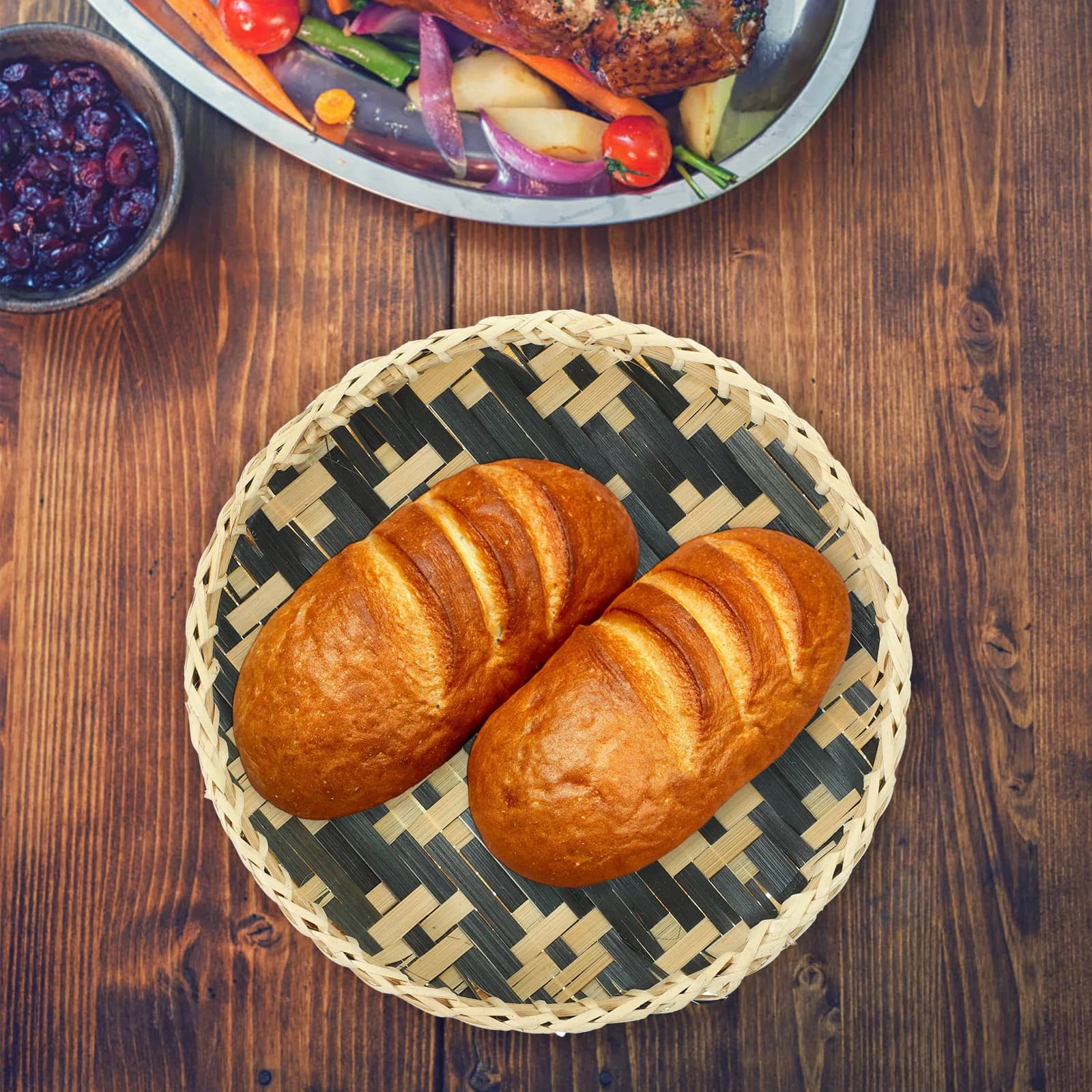 Woven Bamboo Tray Round Dessert Serving Plate for Cupcakes Pastries Bread Snacks Storage Bamboo Food Container Stylish