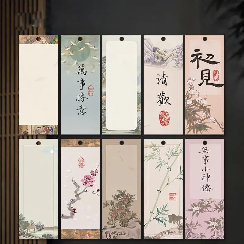 10pcs Chinese Style Bookmark Set Blank Xuan Paper Bookmarks with Red Tassel for Calligraphy DIY Ink Writing Oriental Gift Idea