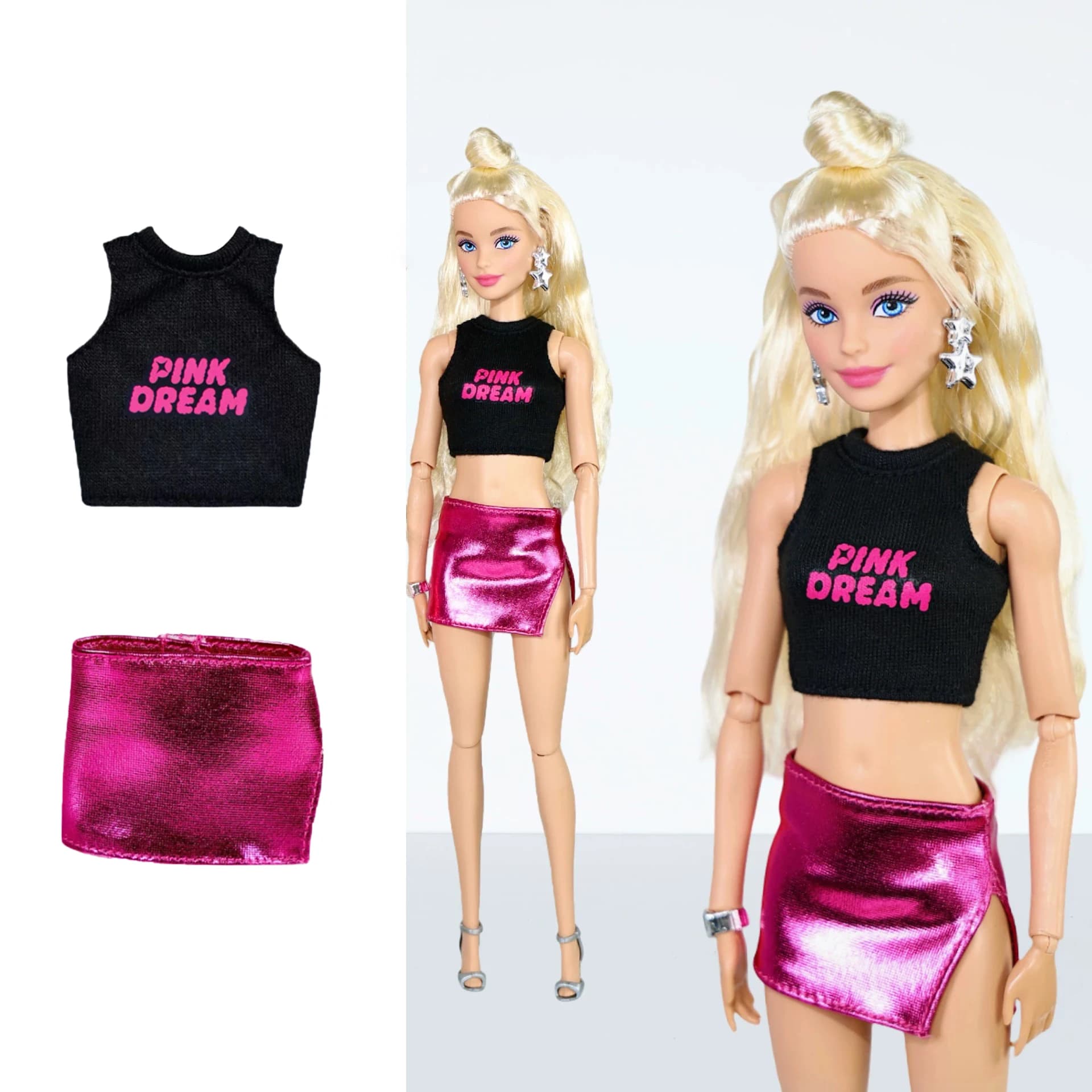 30 centimetri vestiti per le bambole accessori moda Y2K Spice Girls sexy nero lettera gilet + rosa gonna a fessura set per 1/6 OB24 supermodelo bambola