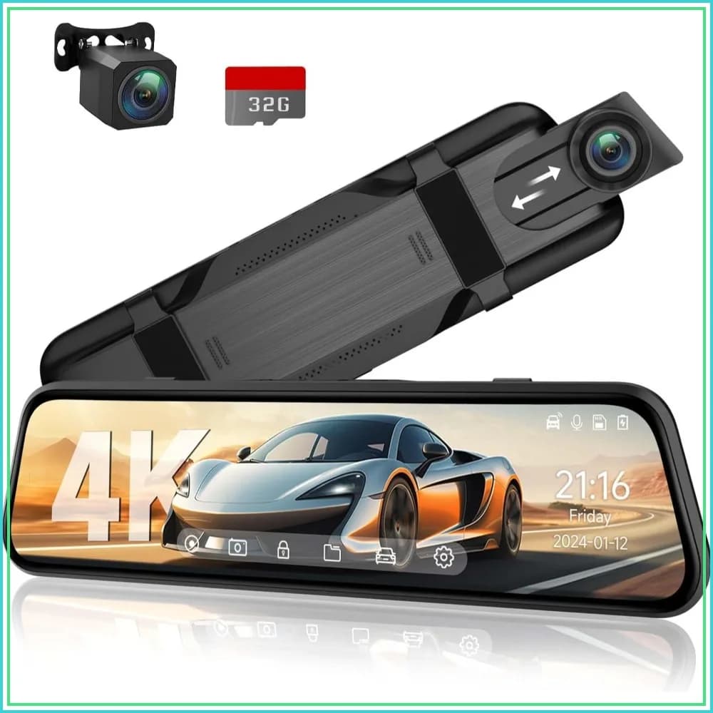 10'' 4K Mirror Dash Cam with 1080P Backup Camera, Voice Control, 24H Parking Mode, Night Vision, 32GB SD Card