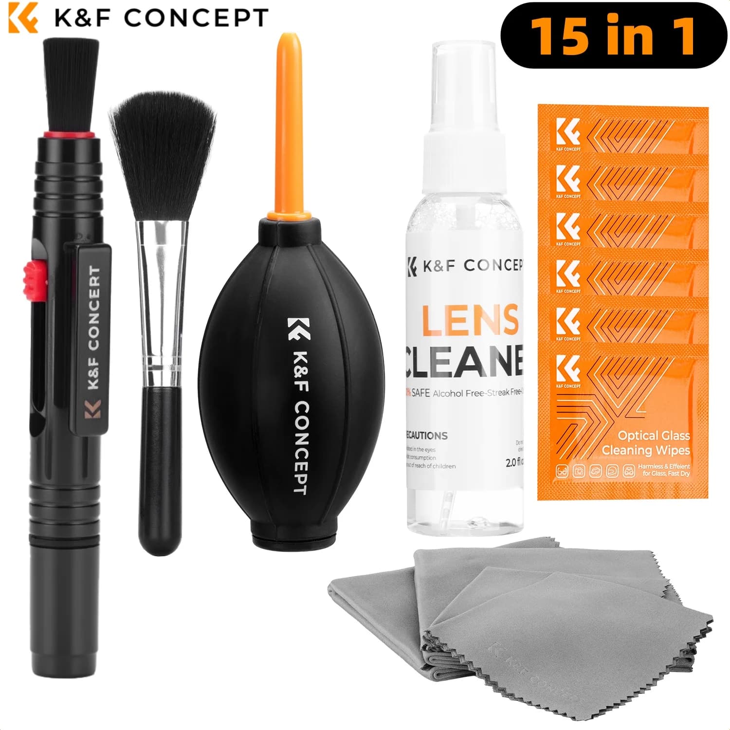 Kit di Pulizia per Obiettivi Fotografici K&F CONCEPT con Soffiatore, Salviette per Occhiali, Panno, Liquido Detergente e Penna per Obiettivi Fotografici e Telefoni