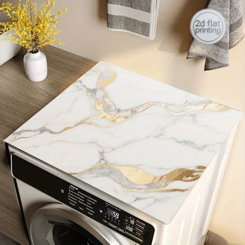 1 Pezzo Elegante Tappetino Copri Lavatrice in Marmo Bianco con Venature Dorate, 50.01x59.99cm, Antiscivolo in Gomma per Lavanderia e Asciugatrice
