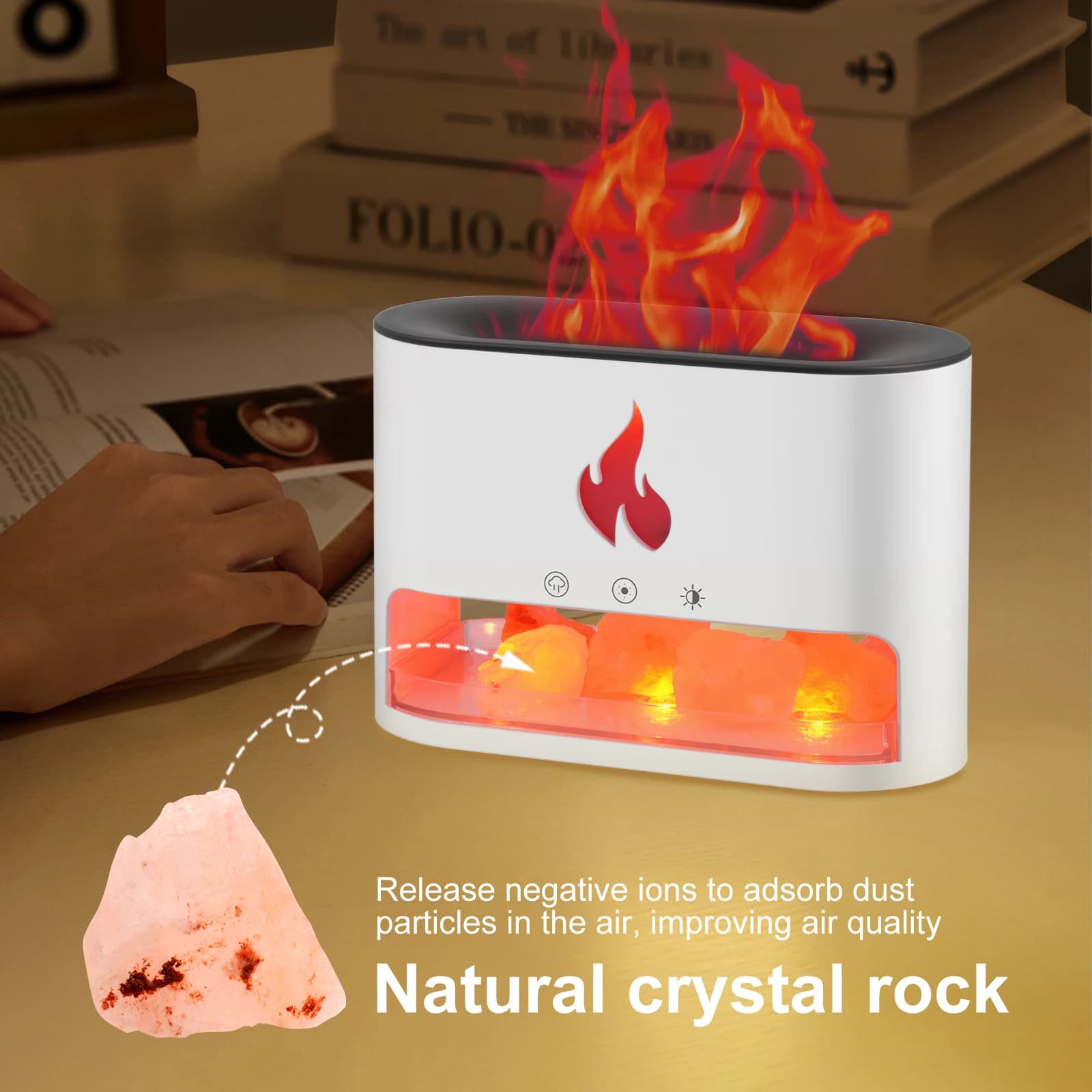 Pietra di sale di cristallo Lampada per atmosfera colorata Fiamma Macchina per aromaterapia Vulcano Simulazione 3D Umidificatore a fiamma - Bianco
