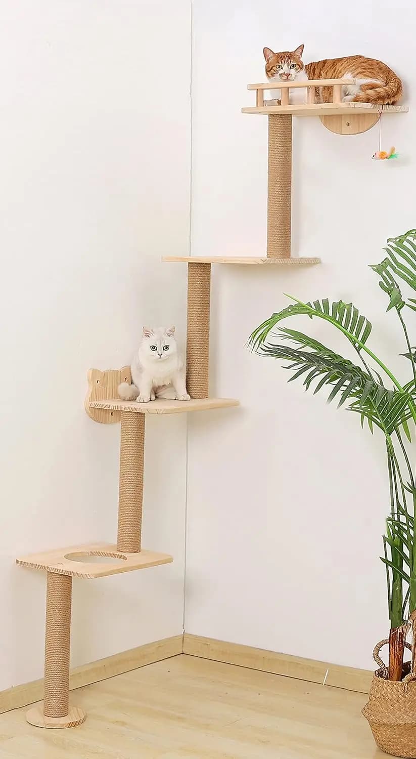 Tiragraffi da Parete per Gatti con 4 Livelli, Torre Angolare in Legno da 185 cm con Tiragraffi Interno per Gattini, Ideale per Arrampicarsi e Appoggiarsi