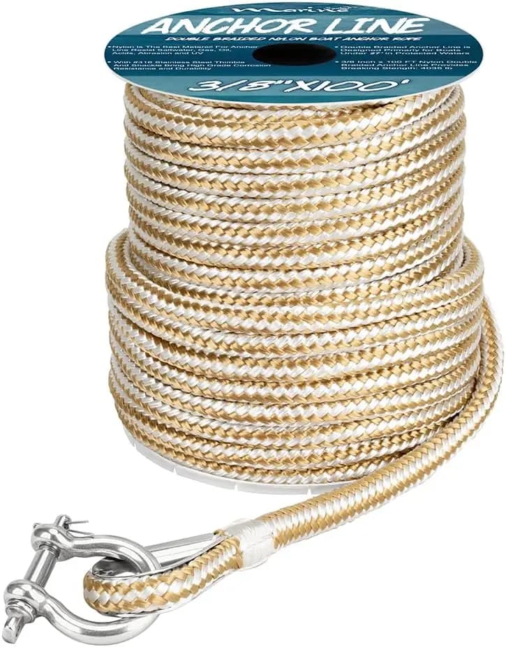 Corda di ancoraggio in nylon intrecciato doppio da 3/8 pollici 150FT con ditale, oro/bianco, linea marina durevole