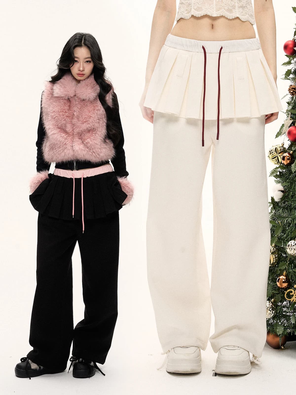 24 Olvides Pantaloni a gamba dritta in lana finta due pezzi con gonna a pieghe effetto tenda in misto cotone a vita alta