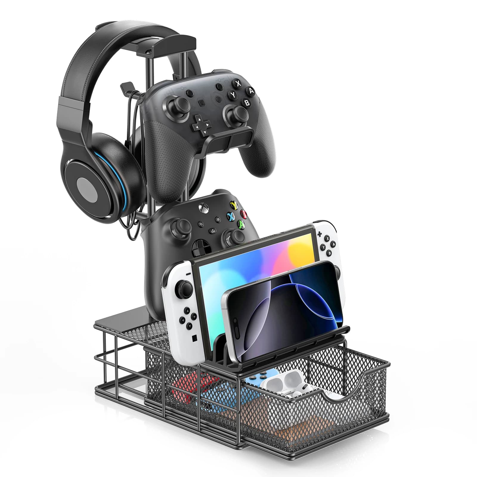 Support for headphones with drawer Support for headphones and controllers for desk earphones Organizer Universal Gaming PC Accessories Storag