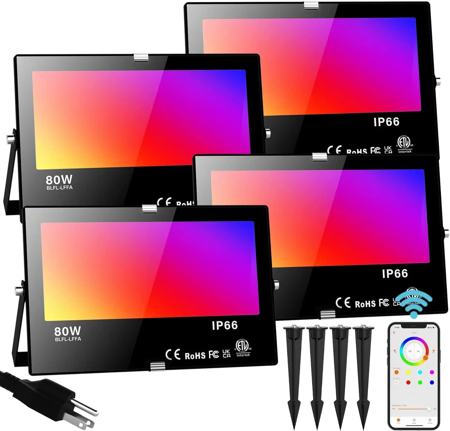 Luce di inondazione LED Smart RGBW 80W Controllo app Bluetooth Illuminazione esterna impermeabile Confezione da 4