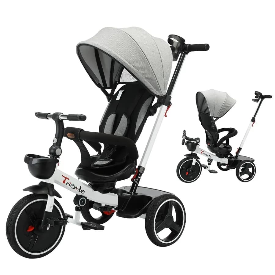Triciclo 6-in-1, Bicicletta per Bambini con Maniglione, Bici per Imparare a Camminare, Corrimano Staccabile, Tettuccio Regolabile, Imbracatura di Sicurezza, Pieghevole
