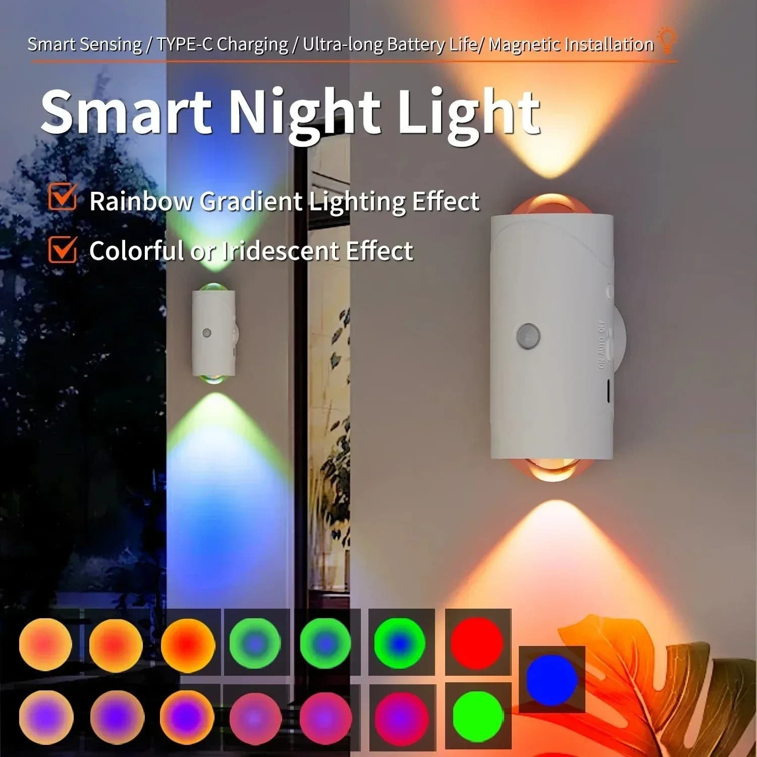 Lampada da parete ricaricabile con sensore di movimento RGB, luce su e giù, luce notturna a LED con montaggio magnetico, decorazione domestica per portico delle scale