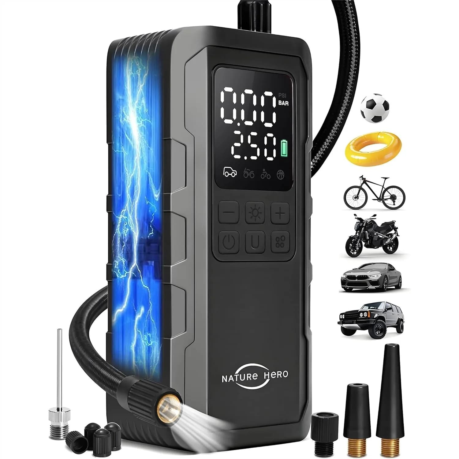 Compressore d'Aria Portatile per Pneumatici - Pompa d'Aria Senza Fili da 7500mAh per Pneumatici Auto, 150PSI con Manometro e Luci LED, 3X