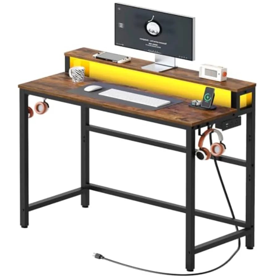 Work Desk for Computer Compact with Charging Station and LED Lights, Gaming Desk with Monitor Support, 2 Level Home Office Desk with 4 Side shelves
