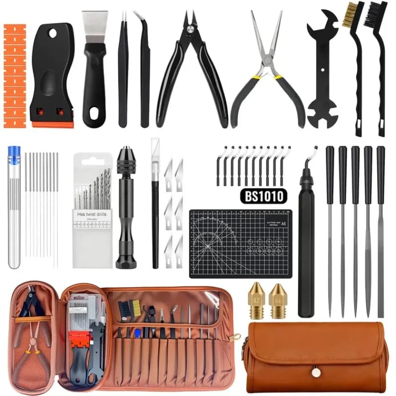 Kit di 66 Strumenti per Stampanti 3D con Custodia per Stampanti FDM e SLA, Strumenti per Sbavatura, Raschietti, Lime Metalliche, Spazzole, Trapano Manuale, Pinzette