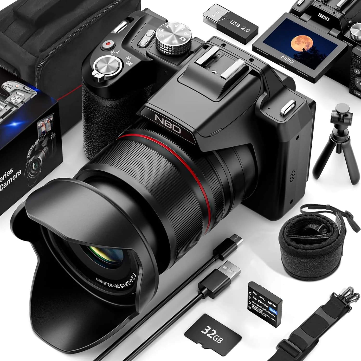 Fotocamere digitali NBD 5K e 64MP per fotografia, fotocamera con zoom ottico 16X, fotocamera per vlogging con 180 ° Schermo estraibile da 3 pollici.