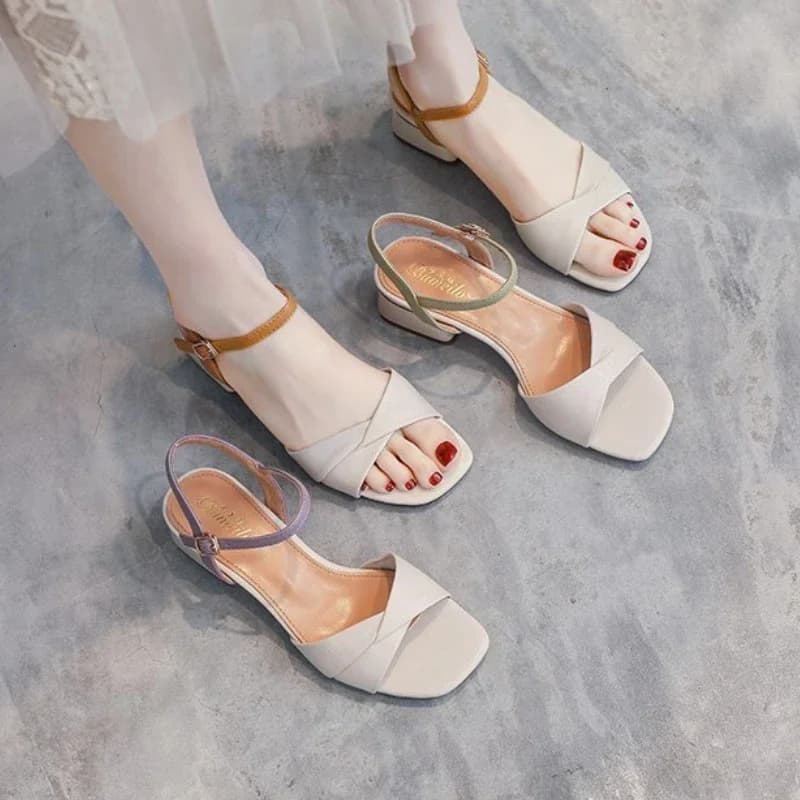 Sandali da donna Tacco largo per lavoro d'ufficio Punta aperta Tacco medio grosso Scarpe da donna in pelle verde