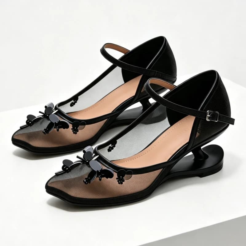 Black Mesh Strange Heel Women's Pumps and Heels Luxury Bling Detail Square-Toe Designer Shoes Street Style Comfort Casual Shoes