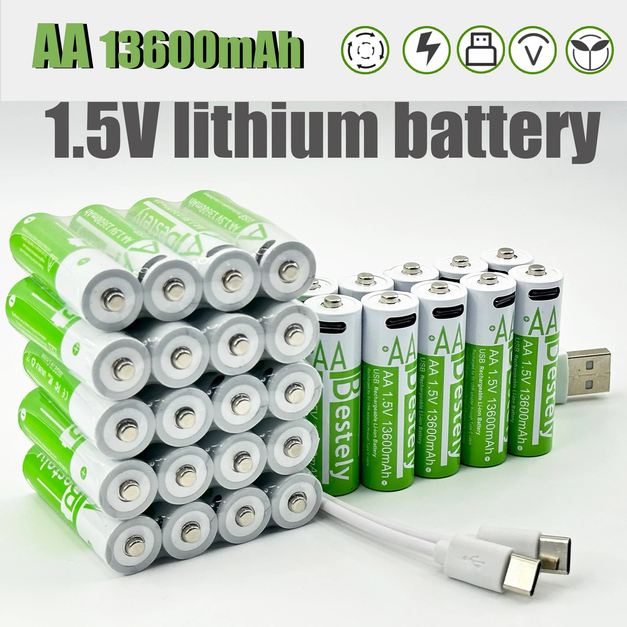Bestely Batteria ricaricabile agli ioni di litio USB AA da 1,5 V 13600 mAh, Akku agli ioni di litio a ricarica rapida, 2000 cicli con cavi porta USB-C