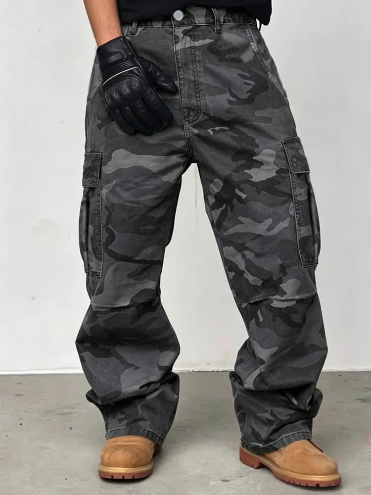 2026 New Men's Camo Cargo Jeans 100% Cotton All-Season Loose Straight Denim Pants Harajuku Streetwear Tactical Workwear Trousers
