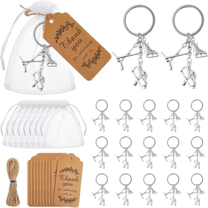 12 set Regali per hockey su ghiaccio Bomboniere per feste di compleanno sportive Portachiavi per hockey su ghiaccio Pattini Bastoni Giocatori Portachiavi Borse Carte di ringraziamento