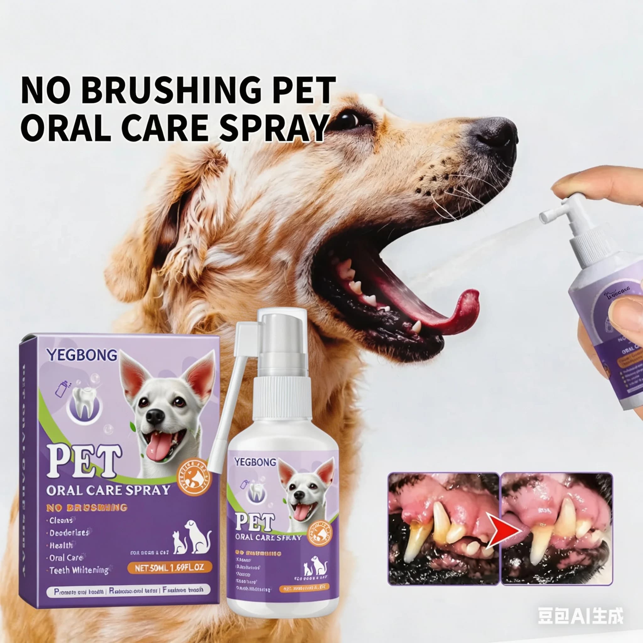 Spray Orale per Animali Domestici 50ml, Pulisce i Denti di Cani e Gatti, Deodorante, Previene il Tartaro, Rimuove l'Alito Cattivo dei Gattini, Rinfresca l'Alito