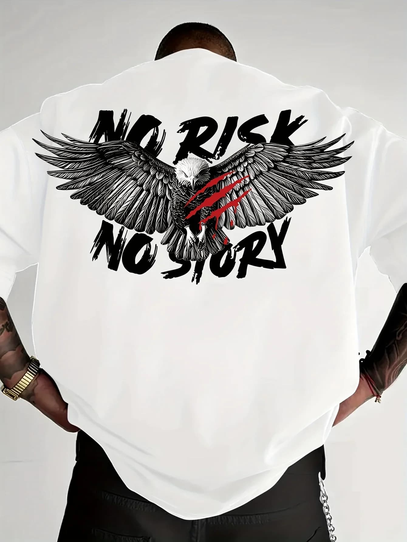 Men's 100% Cotton Oversized Summer T-Shirt Eagle "No Risk No Story" Print Streetwear Casual Tee