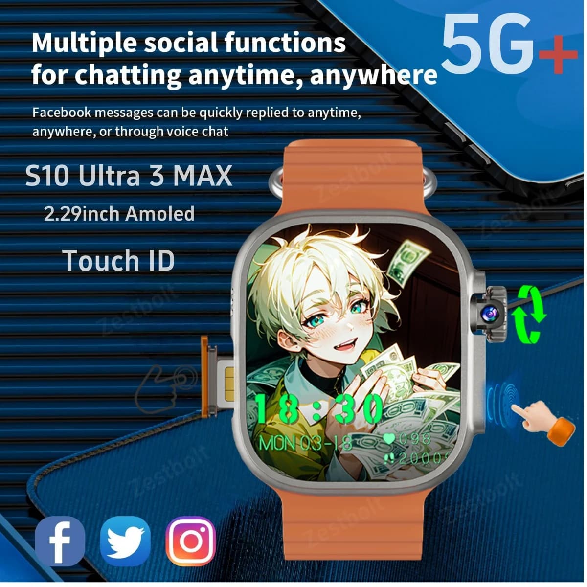 5G Mobile version S10 Ultra 3 MAX Smartwatch Android 10.0 Smart Watch Touch ID with 180 ° Camera Rotarting GPS WIFI compass NFC