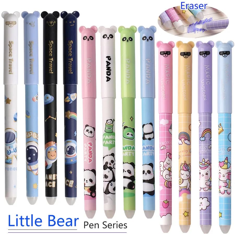 4 pezzi di penna gel cancellabile serie Kawaii Little Bear astronauti, panda, unicorni, studenti di conigli scrivono fluentemente accessori per ufficio