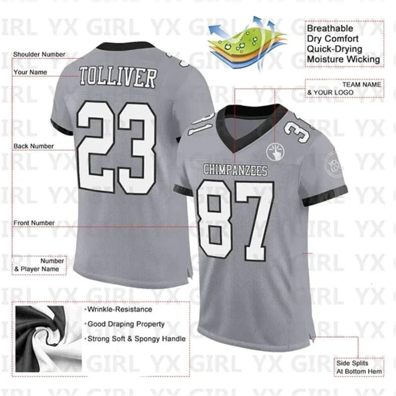 Authentic football jersey in white-black grey custom team name and number of name football t-shirt with v-neck