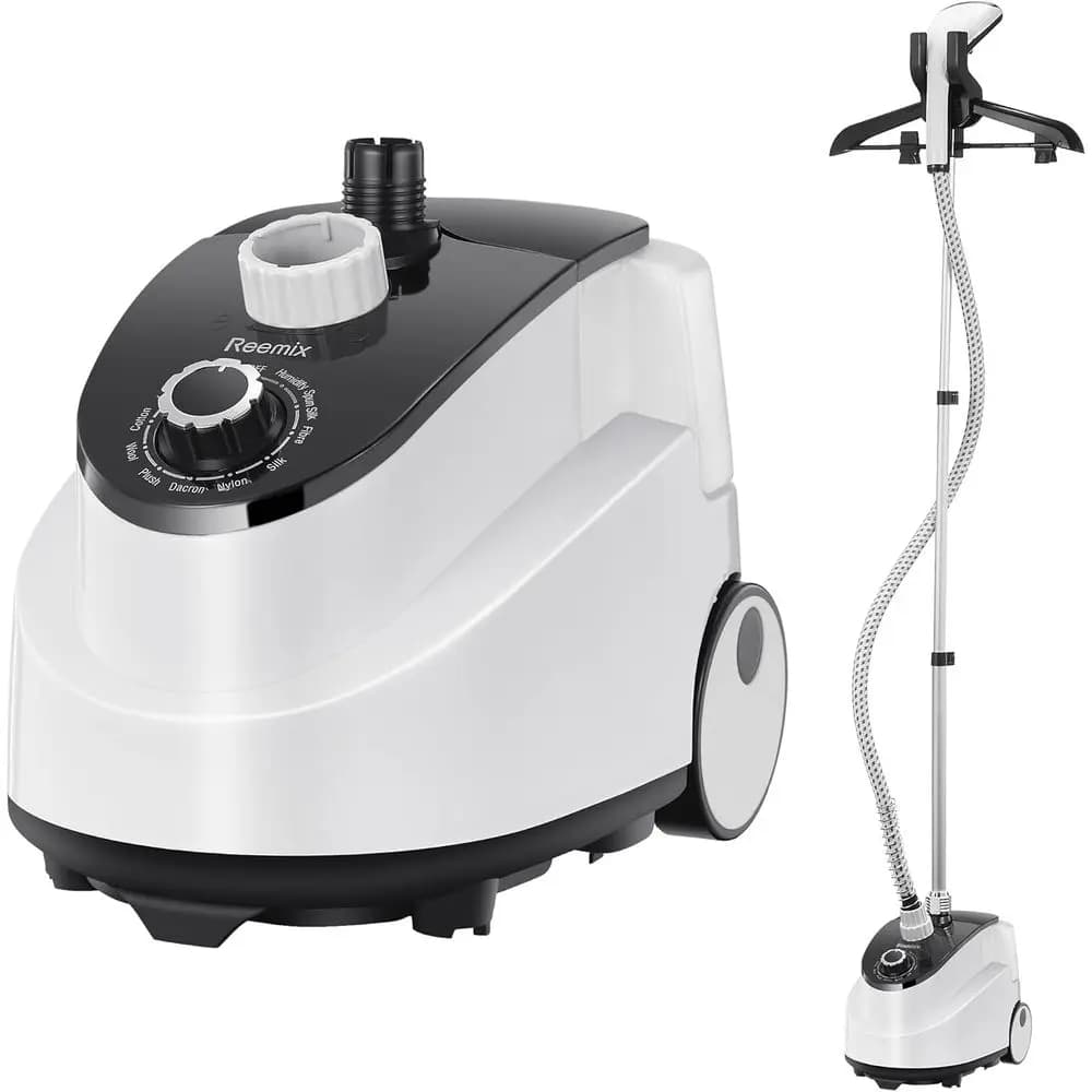 Vaporizzatore per Vestiti a Riscaldamento Rapido con Appendiabiti, Serbatoio Rimovibile, Vapore per 1 Ora, Spazzola e Ruote