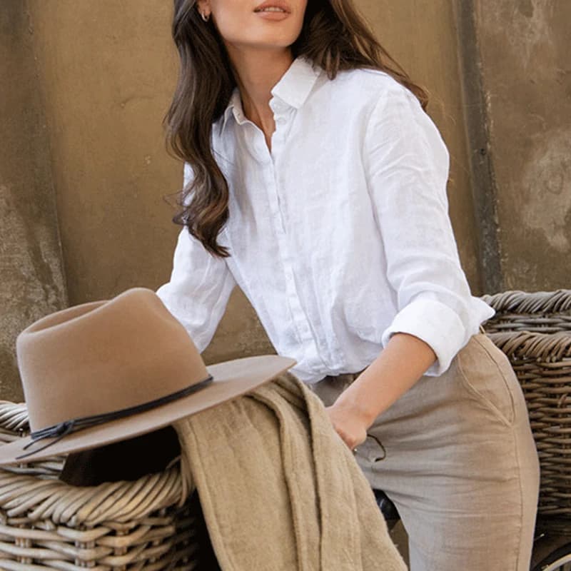 Camicie e camicette bianche in lino 100% Colletto rovesciato Top a maniche lunghe Camicia da donna elegante e chic Camisas De Mujer