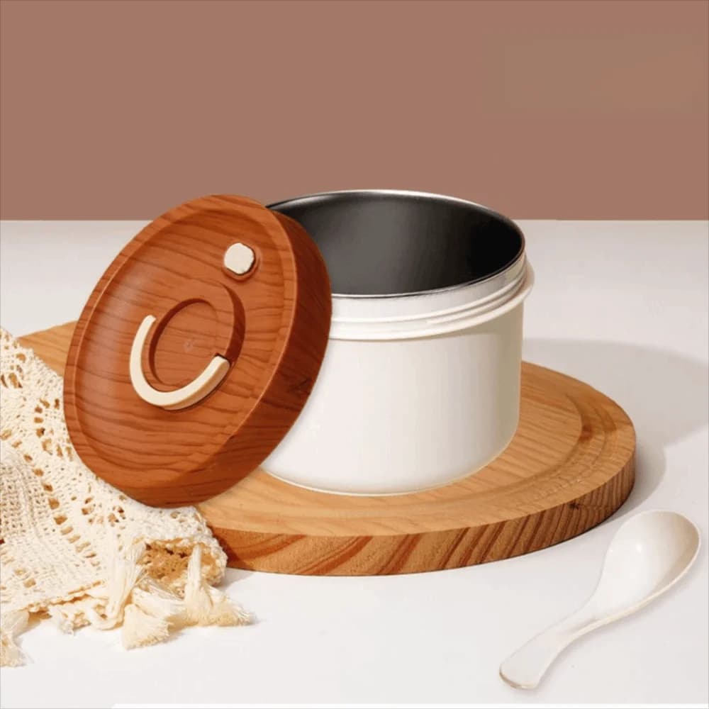 Stainless Steel Insulated Lunch Box Double Layered Wood Grain Lid Breakfast Holder Leak Proof with Spoon Food Storage Container