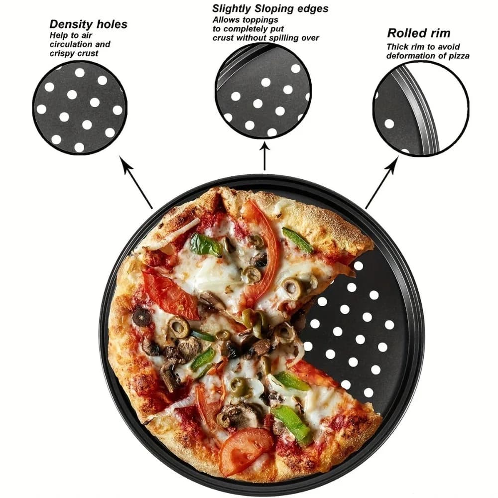 Carbon Steel Perforated Pizza Pan Set 10/11/12 Inch Mupti Purpose Cooking Plate Non Stick Round Baking Tools Crispy & Bubbly
