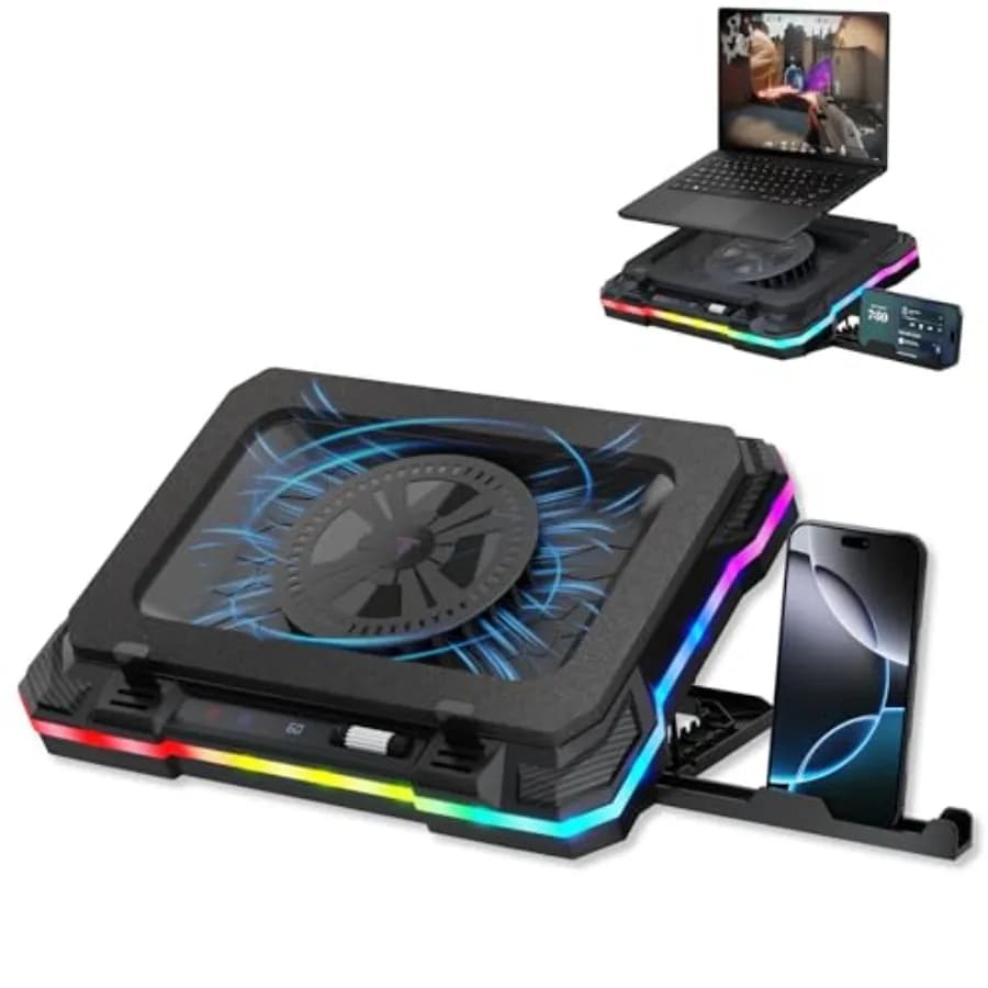 Base di Raffreddamento per Laptop da Gaming con Hub USB per Portatili da 15.6-19 Pollici: Alluminio, Nero, Altezza Regolabile, Illuminazione RGB, Raffreddamento a Doppia Ventola
