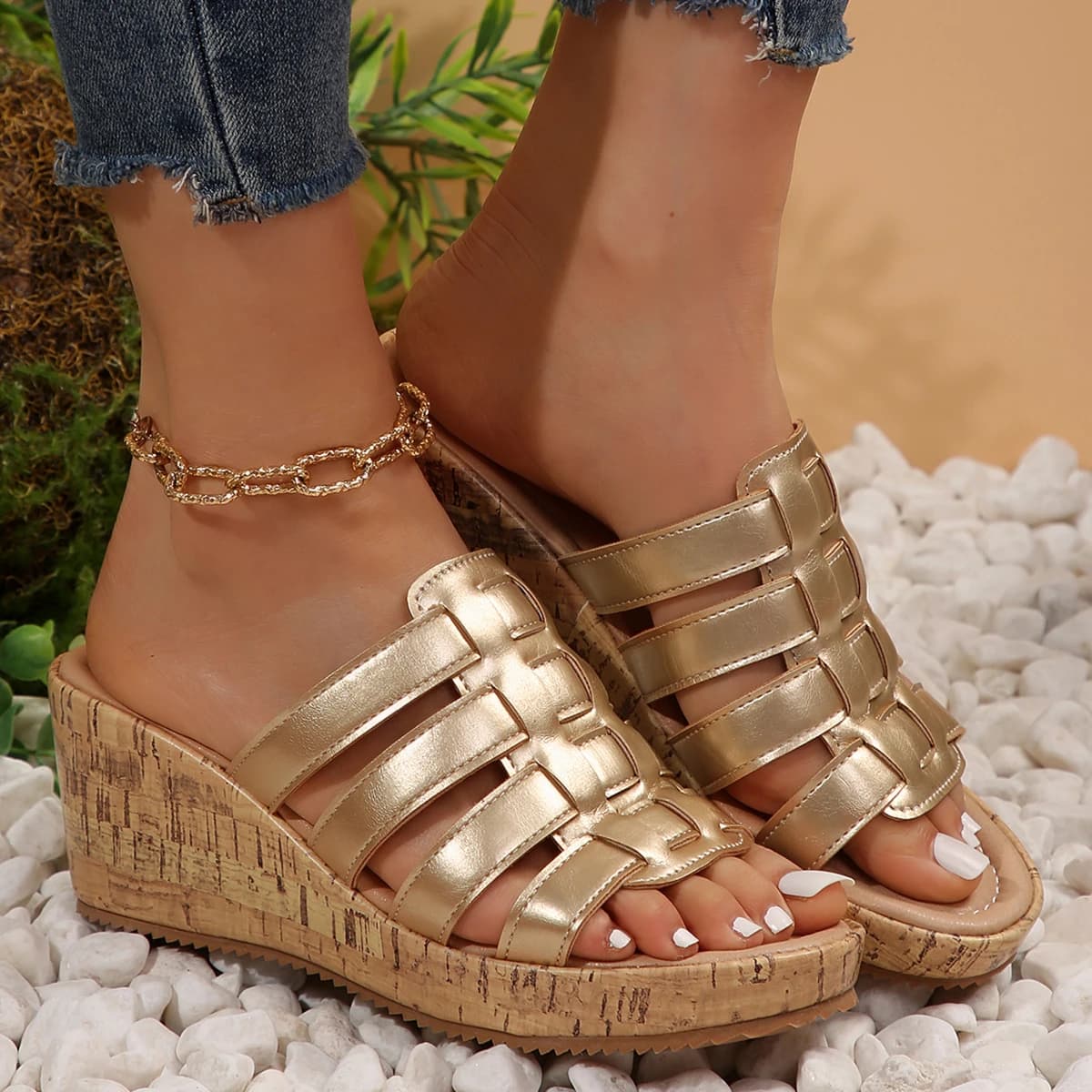 Sandali Moda donna Bocca di pesce Pantofole con zeppa da spiaggia romana Estate Nuovi sandali con suola spessa Scarpe da donna Stile alla moda
