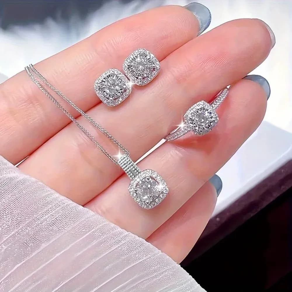 Set di gioielli vintage con anello a cubo, ciondolo in cristallo, collana quadrata, orecchini a bottone eleganti e lucidi per ragazze