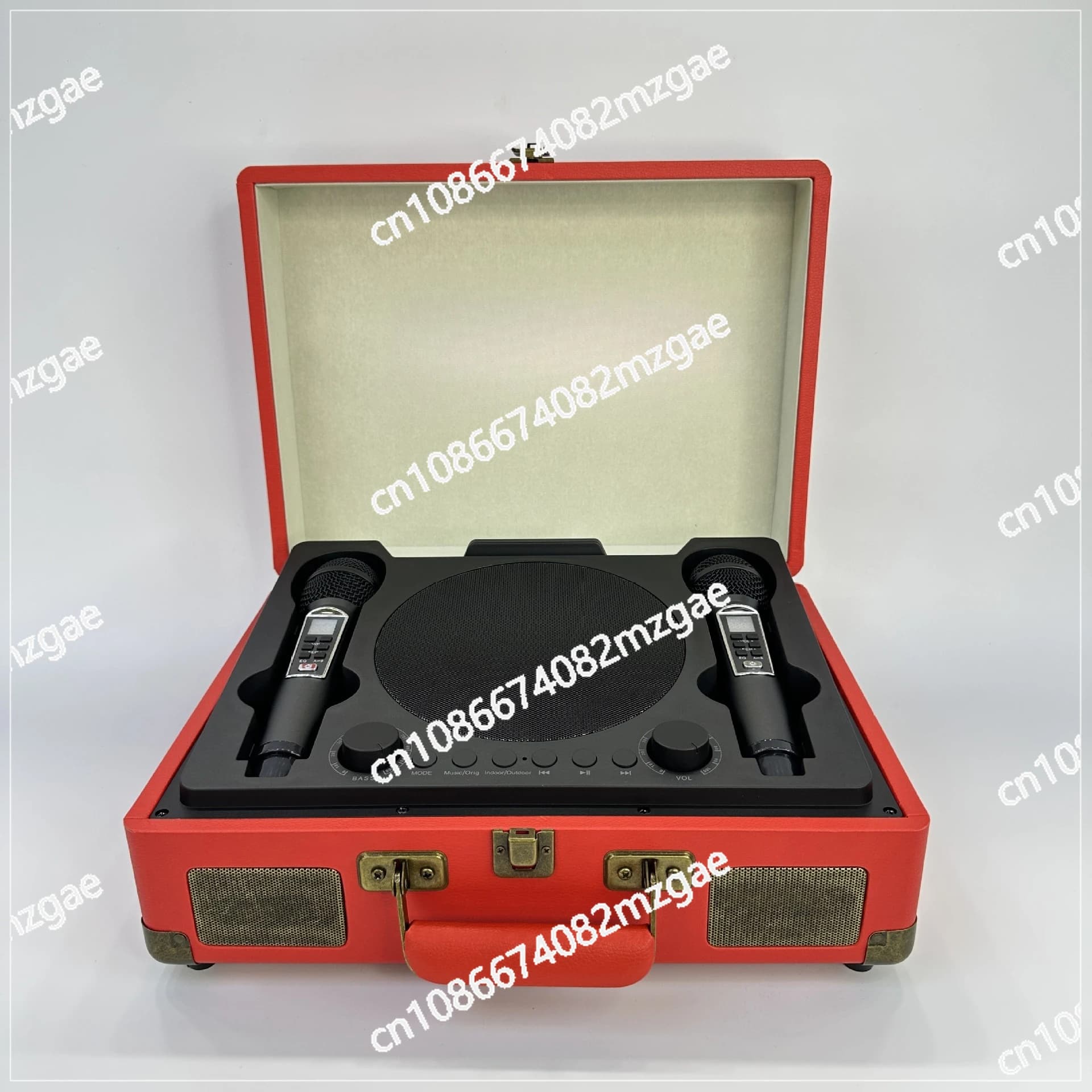 Macchina Karaoke Portatile Bluetooth Wireless con Doppio Microfono, Audio per Esterni, per Famiglie, con Cassa in Legno Vintage
