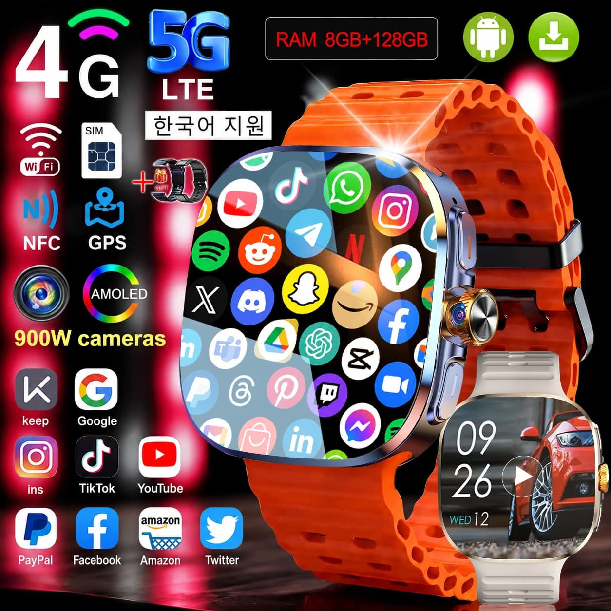 5G/4G LTE Smart Watch 2.4"AMOLED 2100mah Battery 900W Camera GPS WIFI Google All APP Download 8GB+128GB RAM Smartwatch Android10