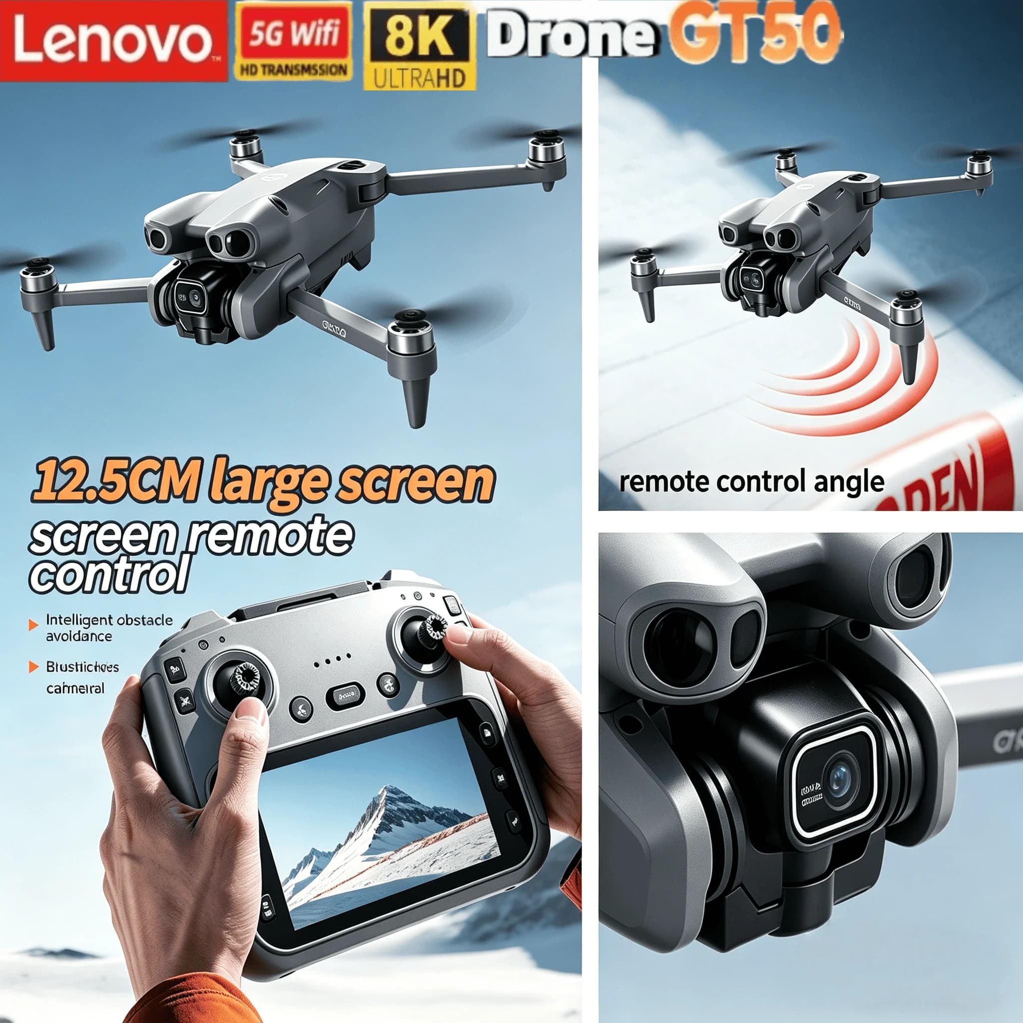 Lenovo GT50 Professional 8K HDCamera Drone5G WiFi Brushless Motor 5.64" Screen RCQuadcopterOptical Flow Aerial Photography Drone