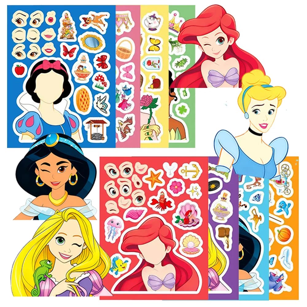 8/16 Fogli di Adesivi Puzzle Disney Mix Princess, Decorazioni Kawaii per Creare un'Espressione, Puzzle Educativi Fai-da-Te, Regali