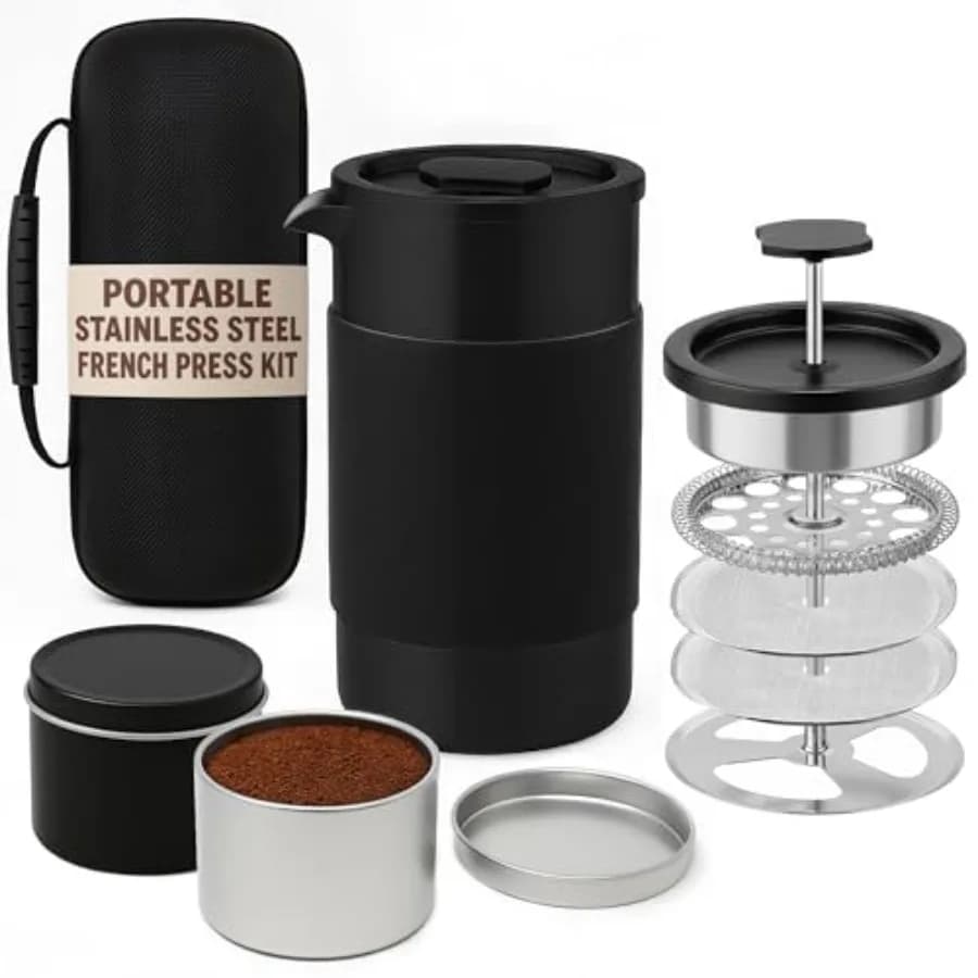 Travel French Press Coffee Maker Set - 12 oz Portable Travel French Press Coffee Maker Double Wall Insulated with Dual Stainles