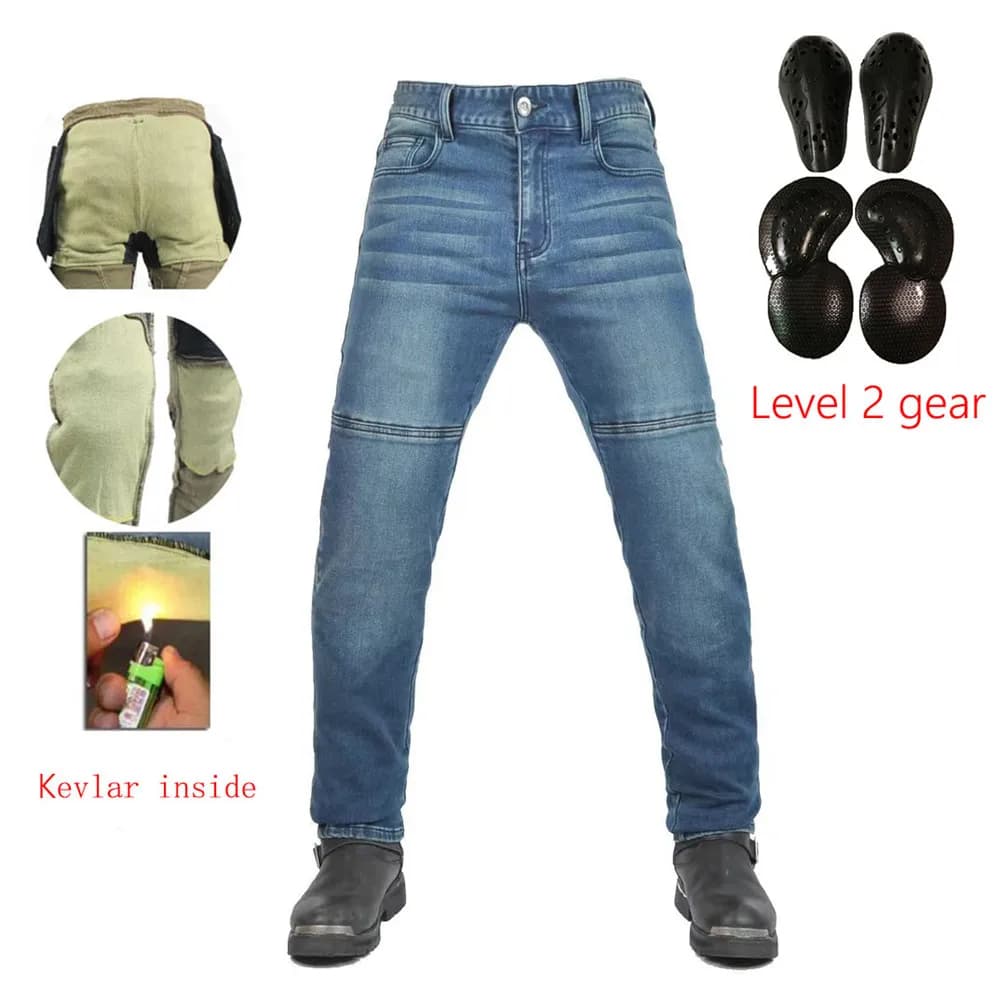 Biker jeans pants Equipment with soft elastic insert Protective layer in flame retardant Kevlar wear resistant on hips and knees