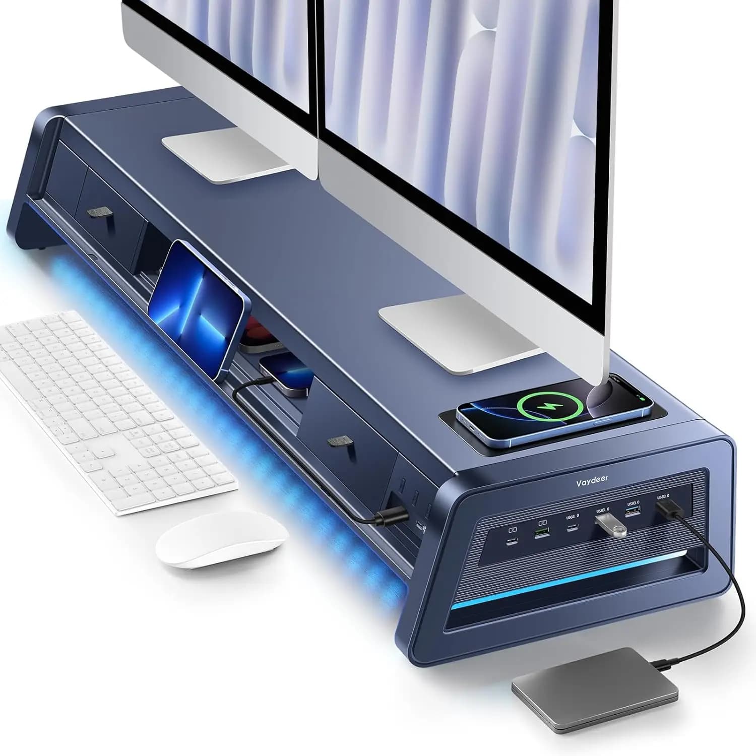 Supporto per Monitor Doppio All-in-One con 2 Cassetti, 8 Porte USB e Pad di Ricarica Wireless con Striscia LED per 2 Monitor, D